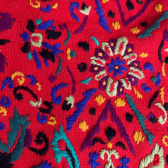 Vintage 90s Michael Simon Embroidered Cherry Red Artsy Knit Cardigan Sweater - Picture 7 of 12